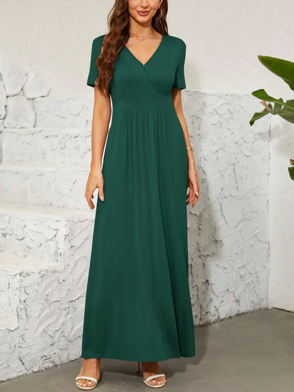Surplice Short Sleeve Maxi Dress Dark Green