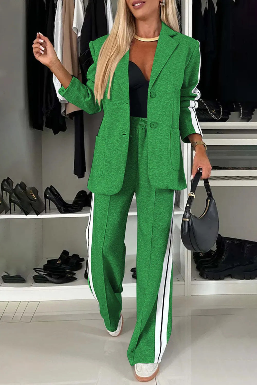 Full Size Contrast Lapel Collar Top and Pants Set Green