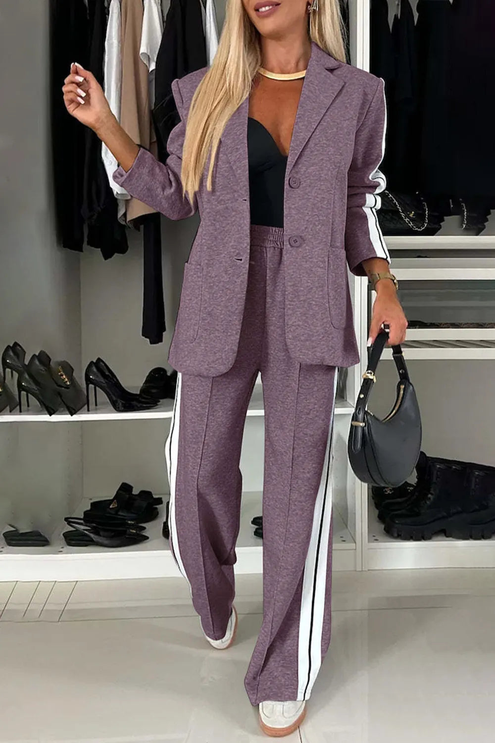 Full Size Contrast Lapel Collar Top and Pants Set Mauve