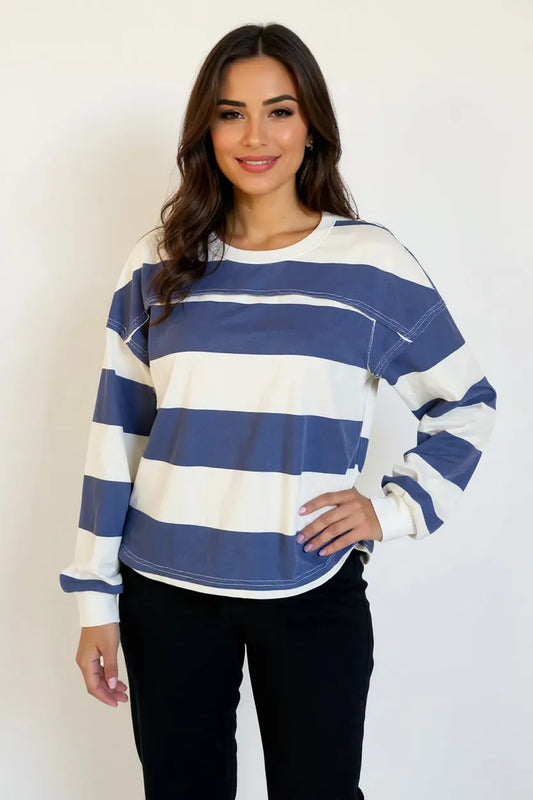 Oh Pima Cotton Wash Exposed Seam Contrast Striped Round Neck Long Sleeve T-Shirt Dusty Blue