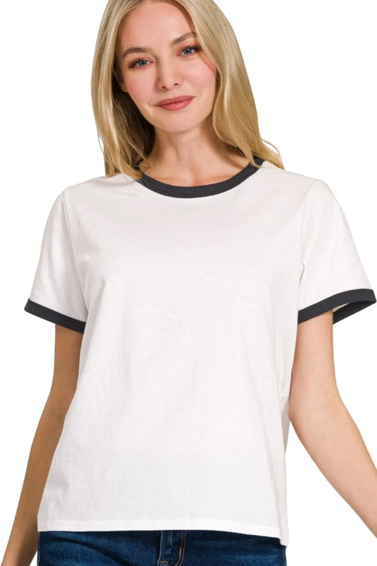 Zenana Contrast Binding Short Sleeve Tee Shirts Black