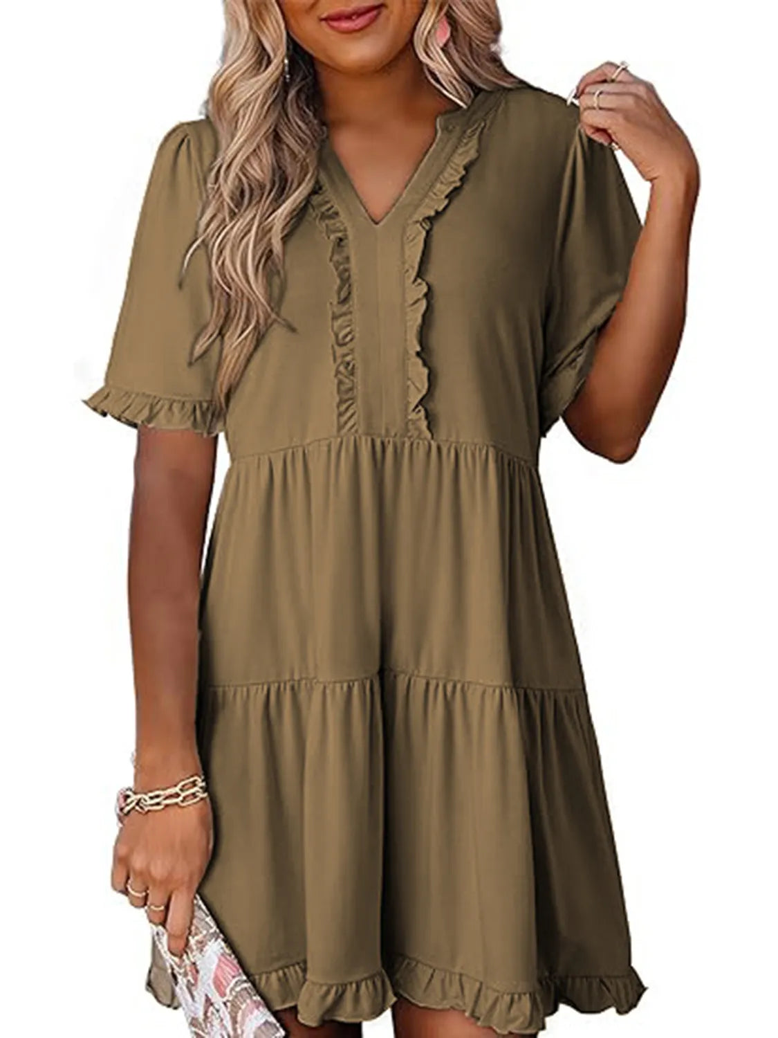 Tiered Notched Short Sleeve Mini Dress Taupe