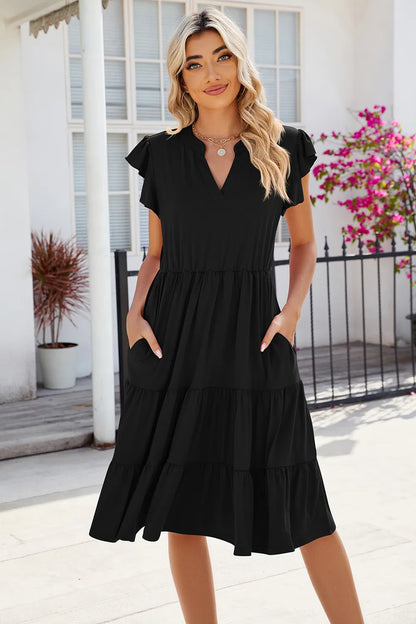 Ruched Notched Cap Sleeve Dress Black