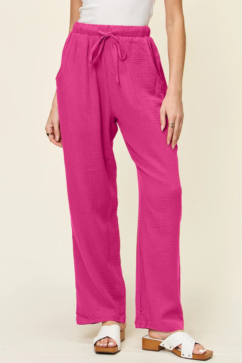 Double Take Full Size Texture Drawstring Straight Pants Hot Pink