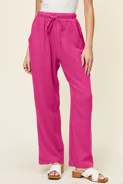Double Take Full Size Texture Drawstring Straight Pants Hot Pink