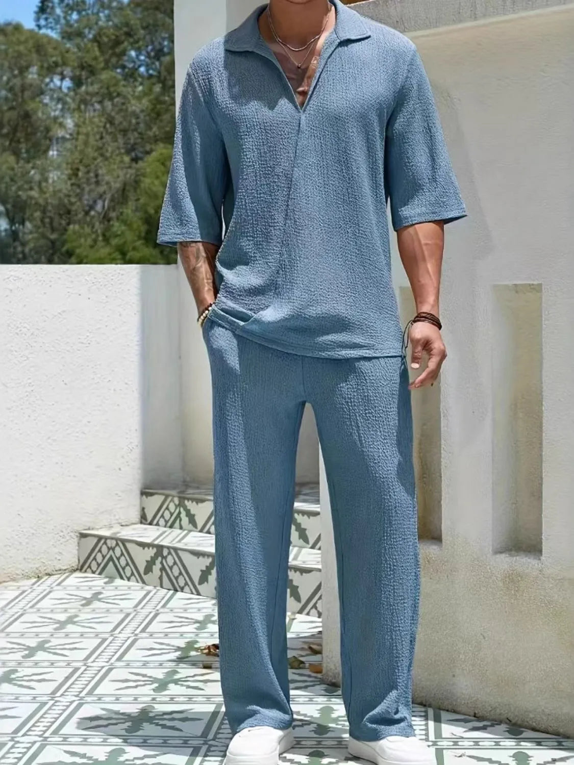 Men's Johnny Collar Half Sleeve Top and Pants Set Dusty Blue