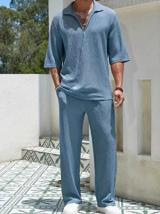 Men's Johnny Collar Half Sleeve Top and Pants Set Dusty Blue