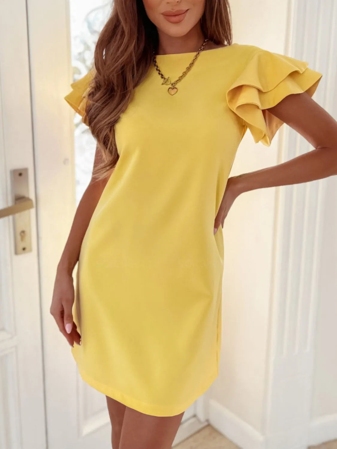 Ruffled Layered Short Sleeve Mini Dress Yellow