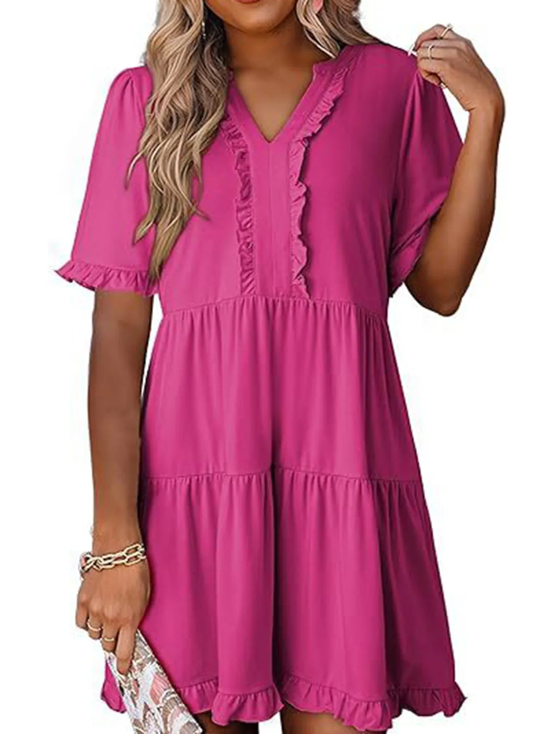 Tiered Notched Short Sleeve Mini Dress Hot Pink