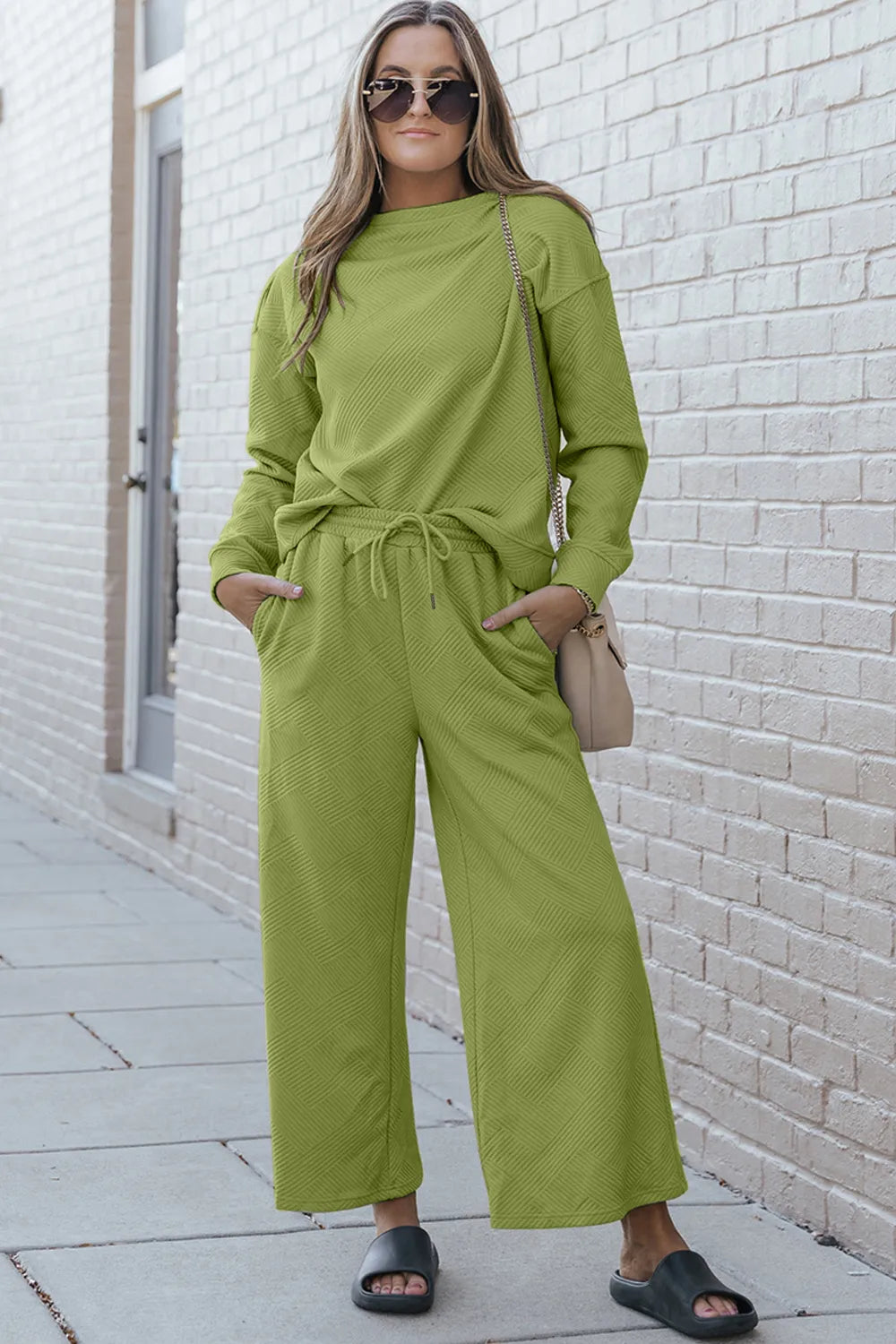 Double Take Full Size Textured Long Sleeve Top and Drawstring Pants Set Yellow-Green