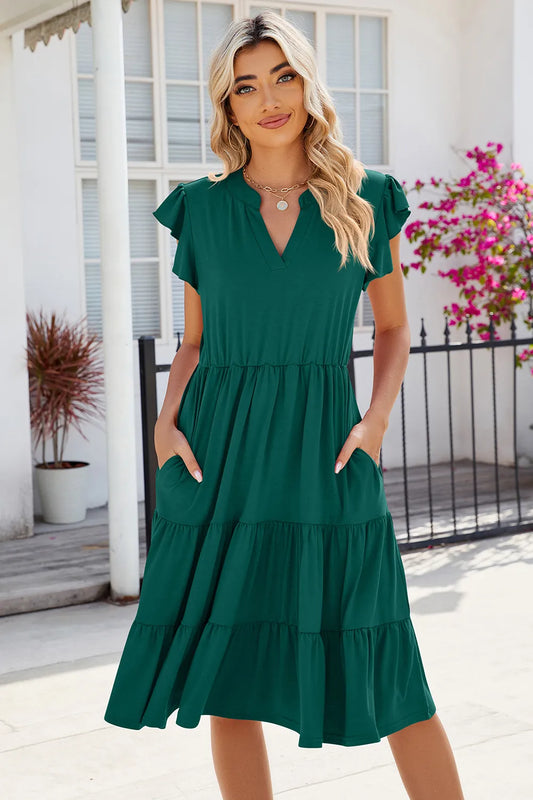 Ruched Notched Cap Sleeve Dress Dark Green