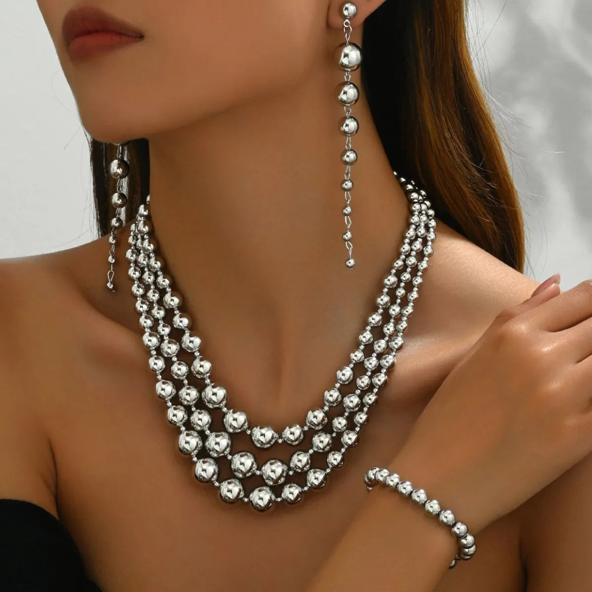 18K Stainless Steel Beaded Multi-Layered Necklace Bracelet Earrings Jewelry Set Silver One Size