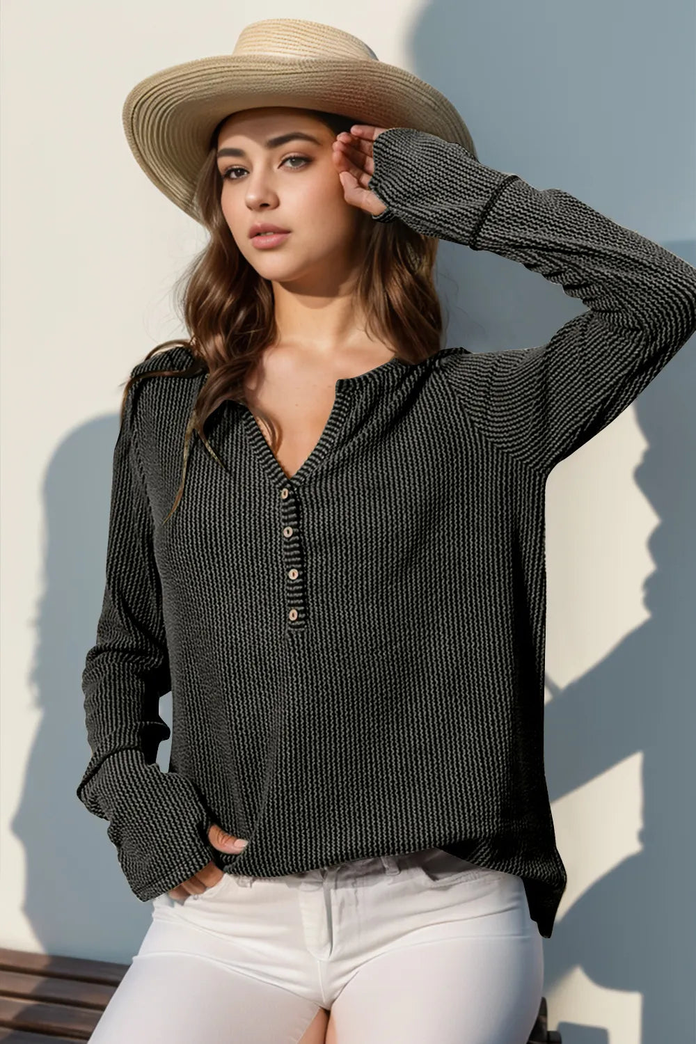Double Take Full Size Notched Thumbhole Long Sleeve T-Shirt Dark Gray