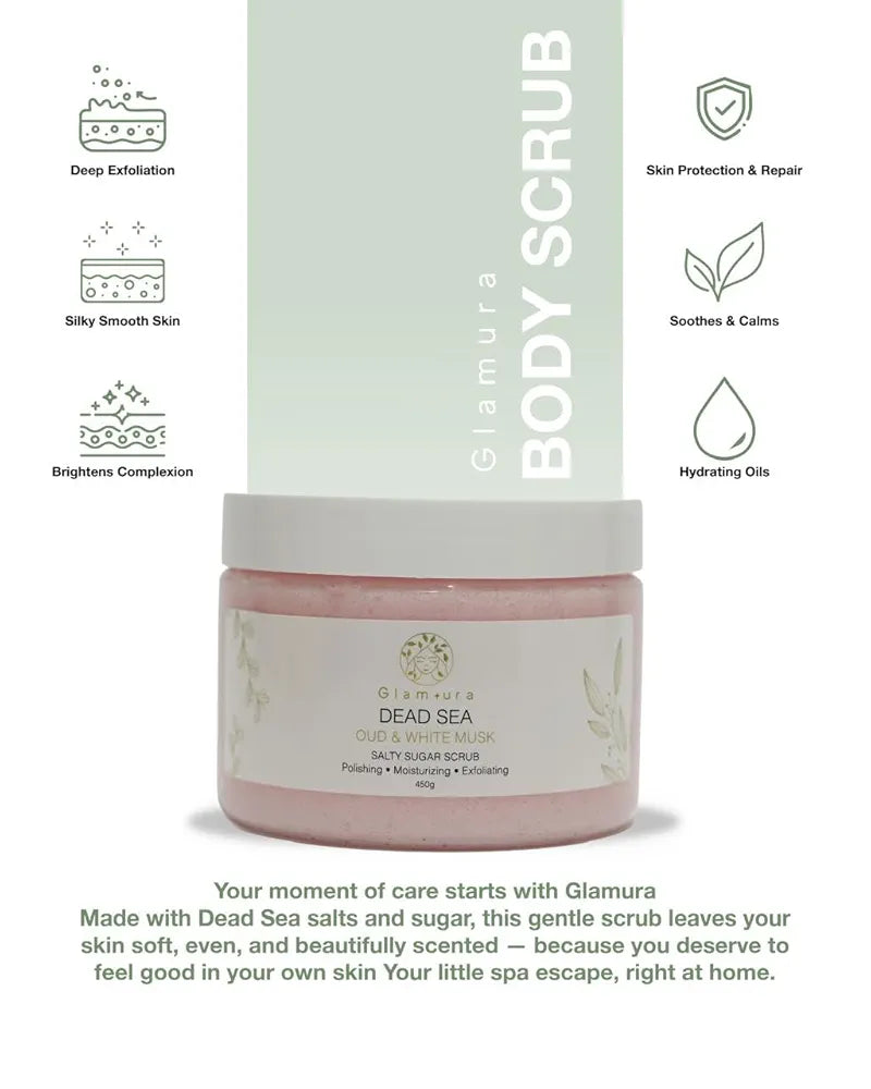 Glamura Oud & White Musk Exfoliating Body Scrub - 450g with Dead Sea Salt and Natural Oils