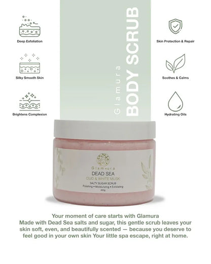 Glamura Oud & White Musk Exfoliating Body Scrub - 450g with Dead Sea Salt and Natural Oils