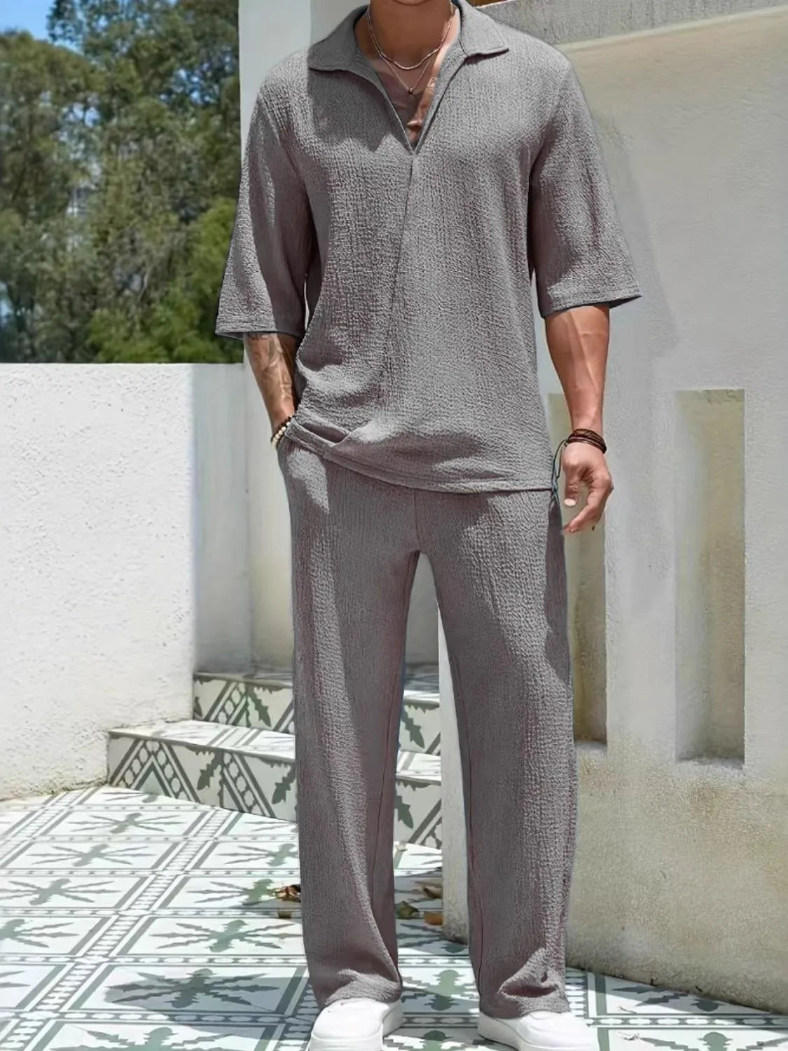 Men's Johnny Collar Half Sleeve Top and Pants Set Dark Gray