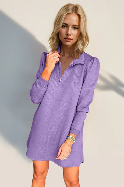Double Take Textured Quarter Zip Long Sleeve Dress Lavender