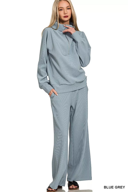 Zenana Ribbed High Neck Half Zip Pullover & Pants Set BLUE GREY