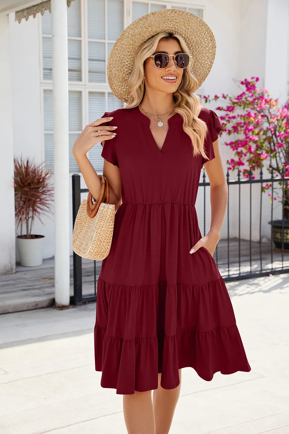 Ruched Notched Cap Sleeve Dress Burgundy