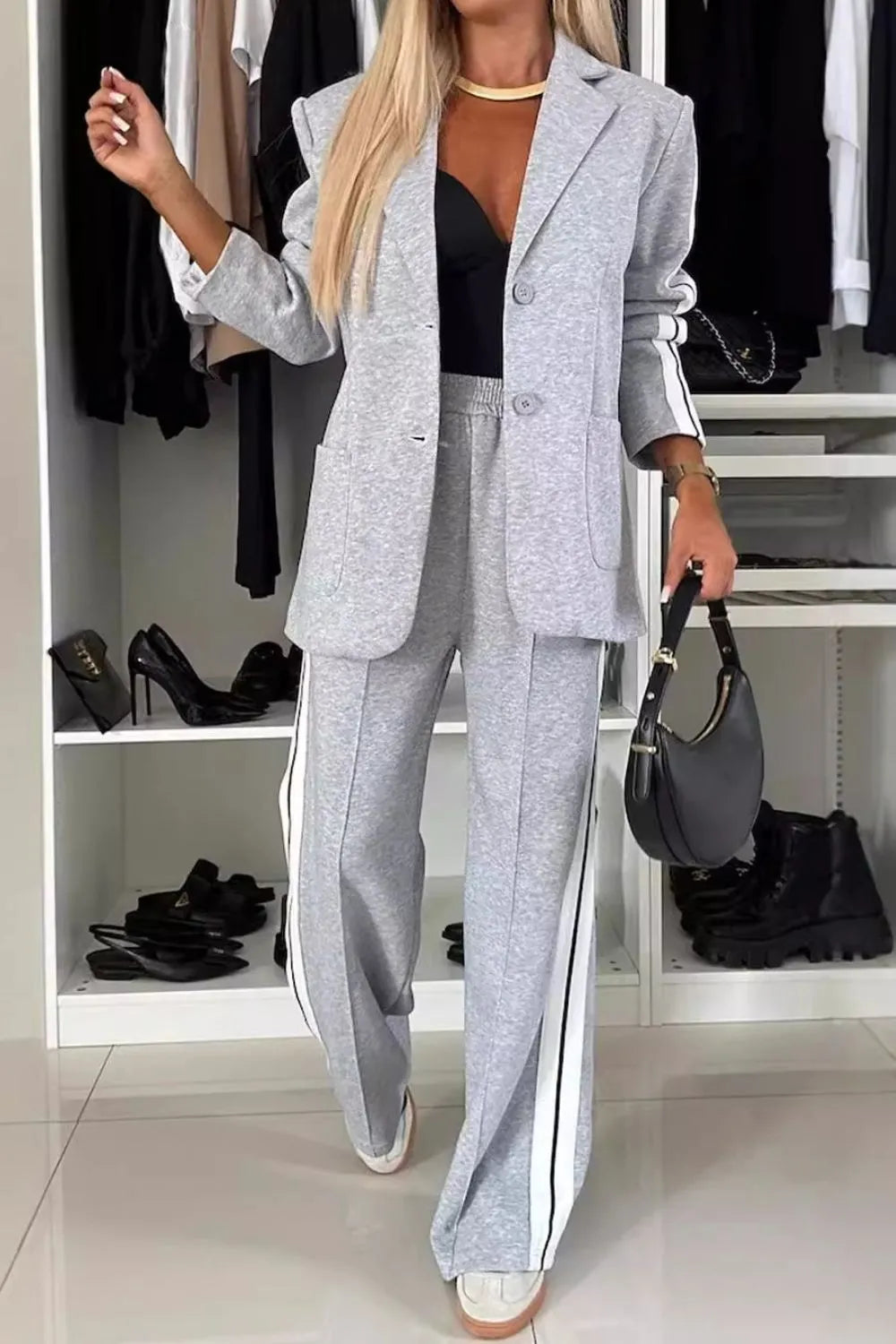 Full Size Contrast Lapel Collar Top and Pants Set Light Gray