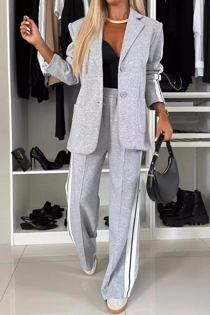 Full Size Contrast Lapel Collar Top and Pants Set Light Gray