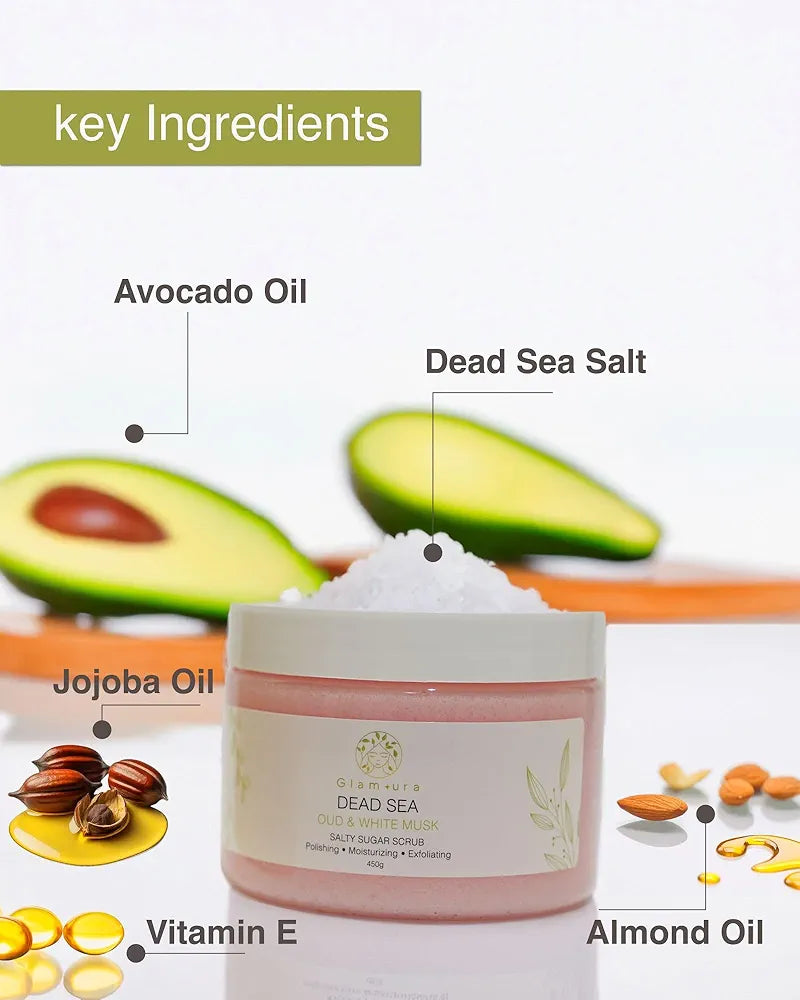 Glamura Oud & White Musk Exfoliating Body Scrub - 450g with Dead Sea Salt and Natural Oils