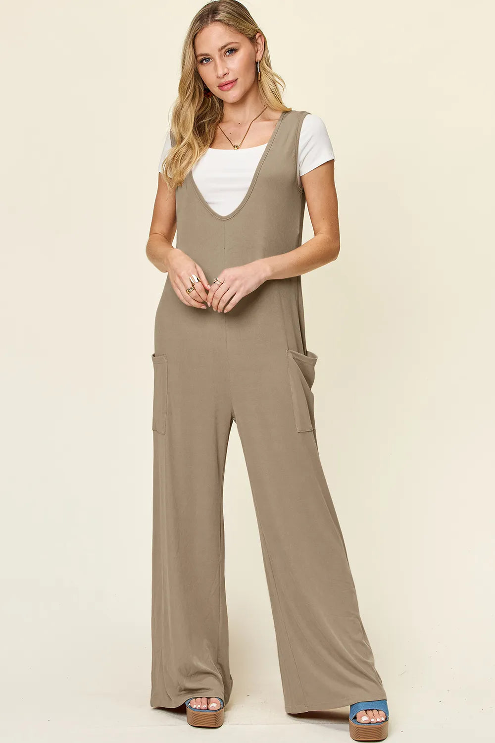 Double Take Full Size Sleeveless Wide Leg Jumpsuit with Pockets Mocha