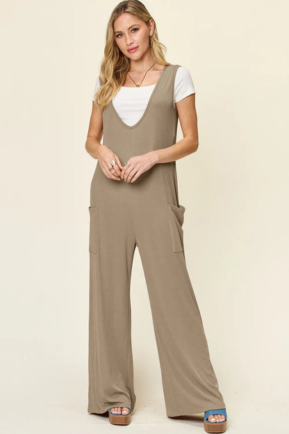Double Take Full Size Sleeveless Wide Leg Jumpsuit with Pockets Mocha