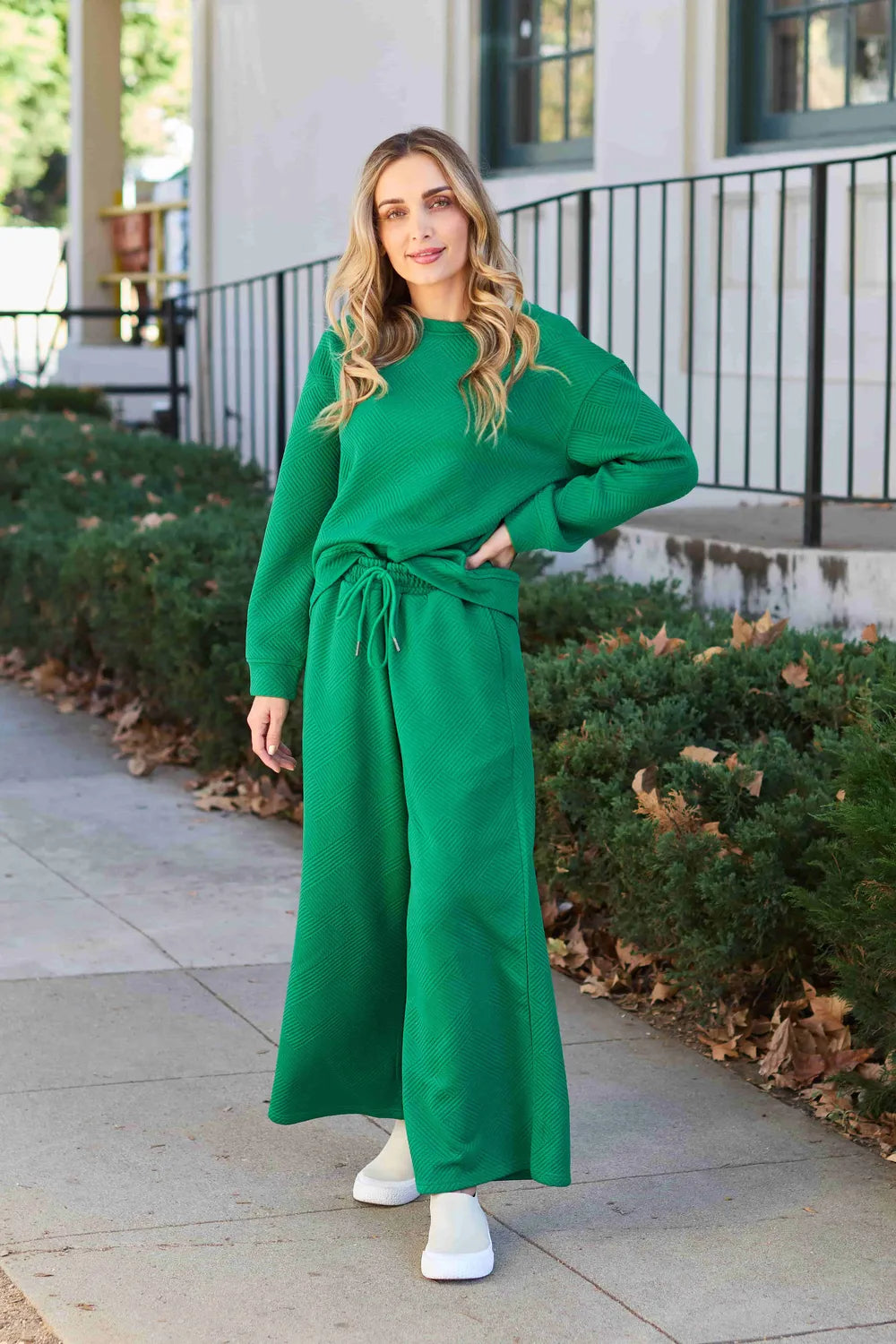 Double Take Full Size Textured Long Sleeve Top and Drawstring Pants Set Green