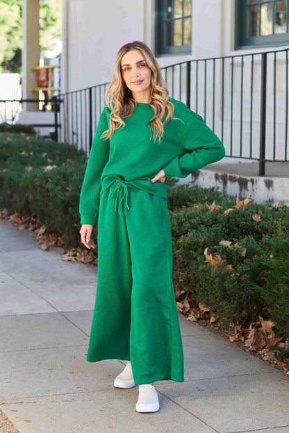 Double Take Full Size Textured Long Sleeve Top and Drawstring Pants Set Green