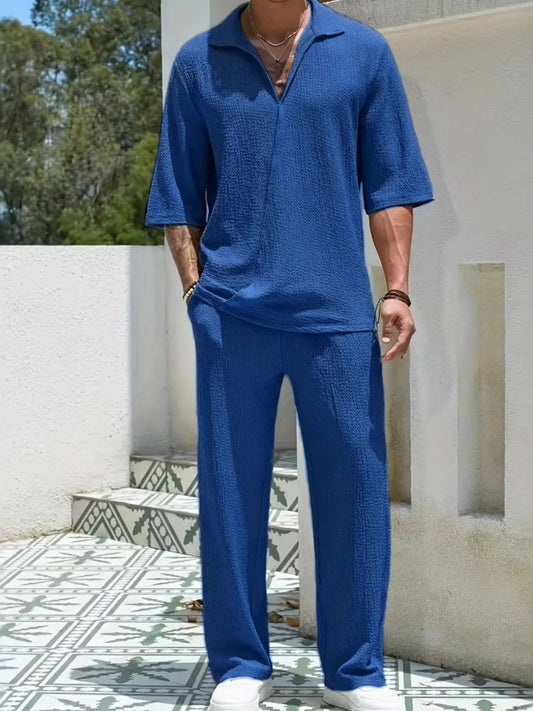 Men's Johnny Collar Half Sleeve Top and Pants Set Royal Blue