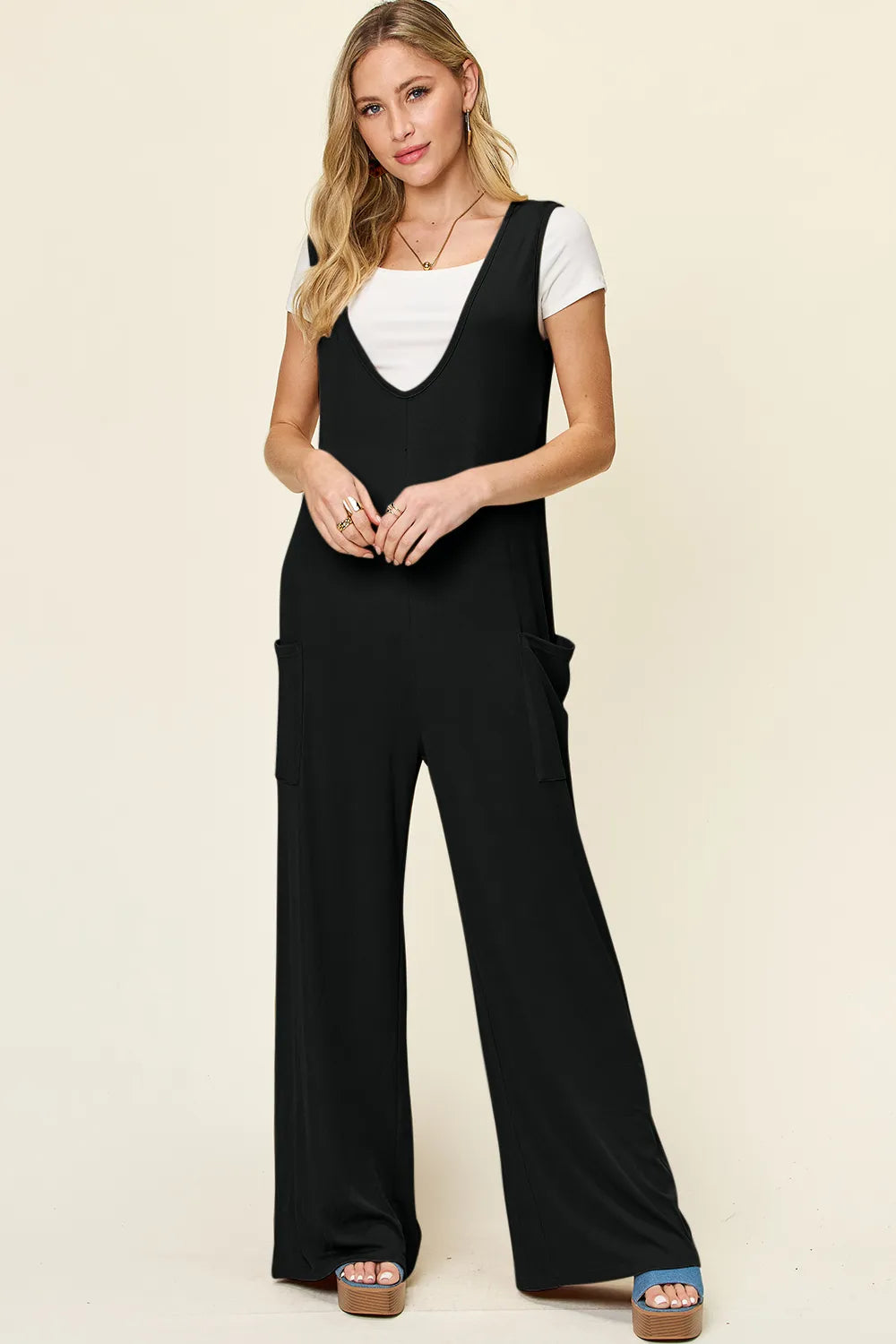 Double Take Full Size Sleeveless Wide Leg Jumpsuit with Pockets Black