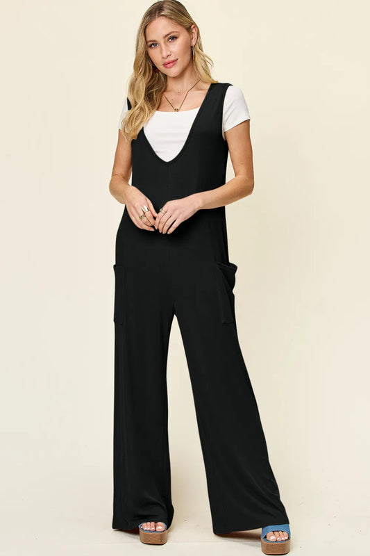 Double Take Full Size Sleeveless Wide Leg Jumpsuit with Pockets Black