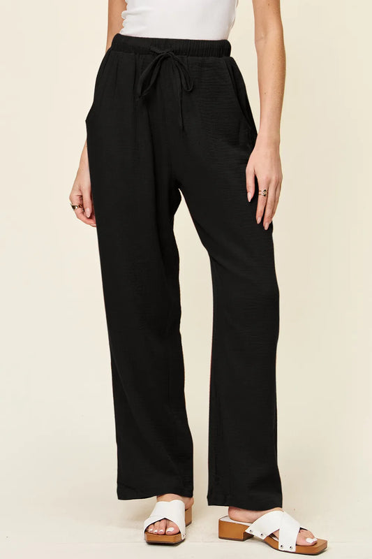Double Take Full Size Texture Drawstring Straight Pants Black