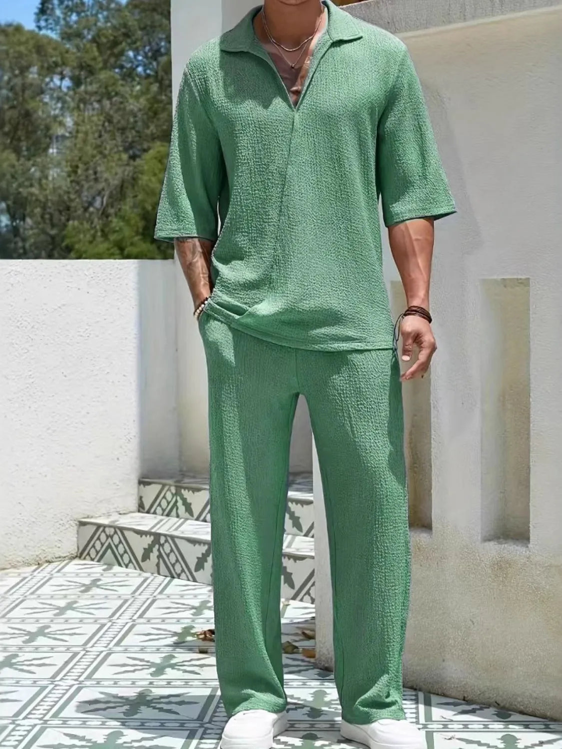 Men's Johnny Collar Half Sleeve Top and Pants Set Gum Leaf