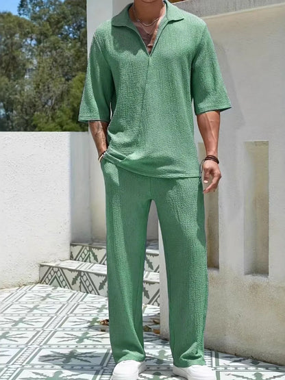 Men's Johnny Collar Half Sleeve Top and Pants Set Gum Leaf