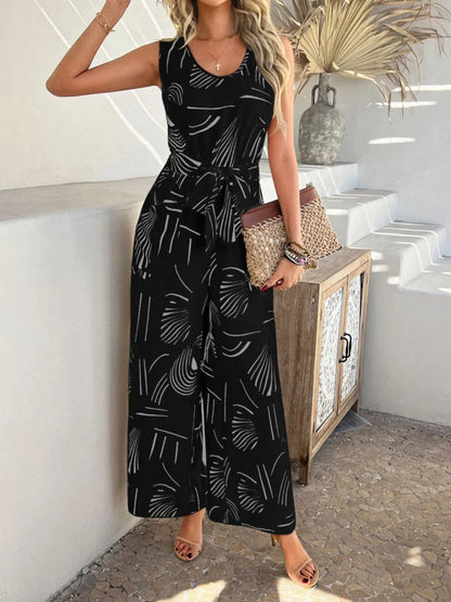 Devine Printed Round Neck Sleeveless Tie Waist Jumpsuit Black