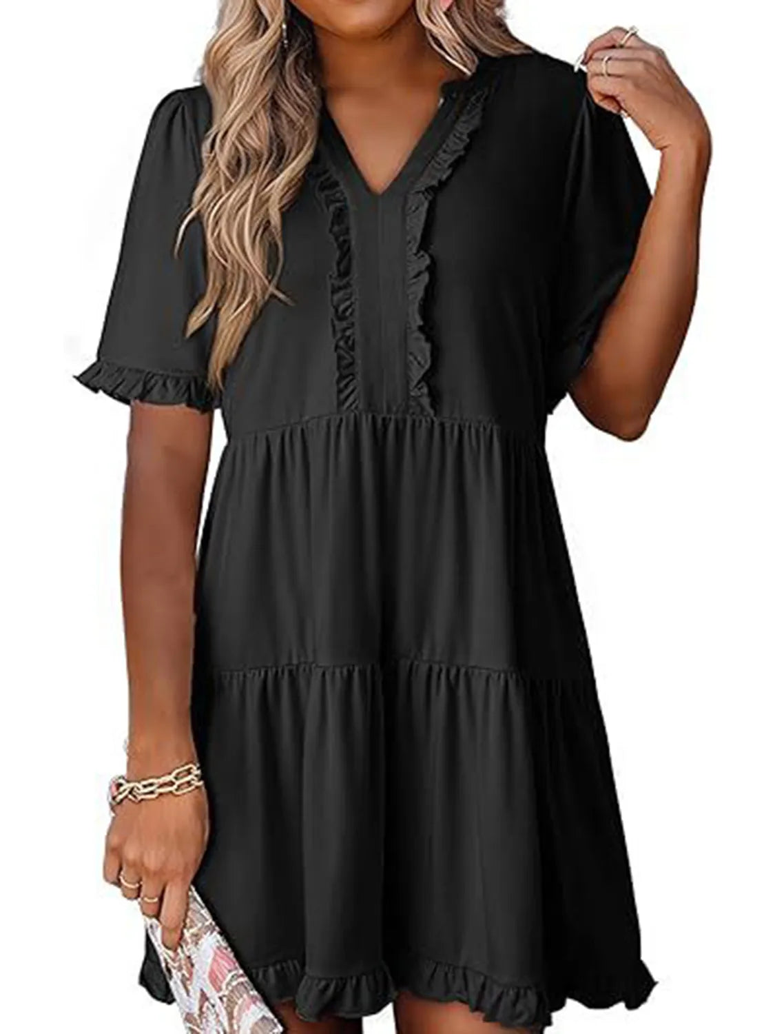 Tiered Notched Short Sleeve Mini Dress Black