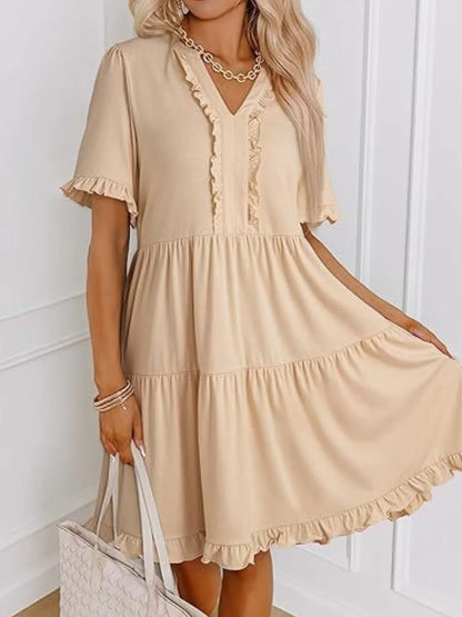 Tiered Notched Short Sleeve Mini Dress Tan