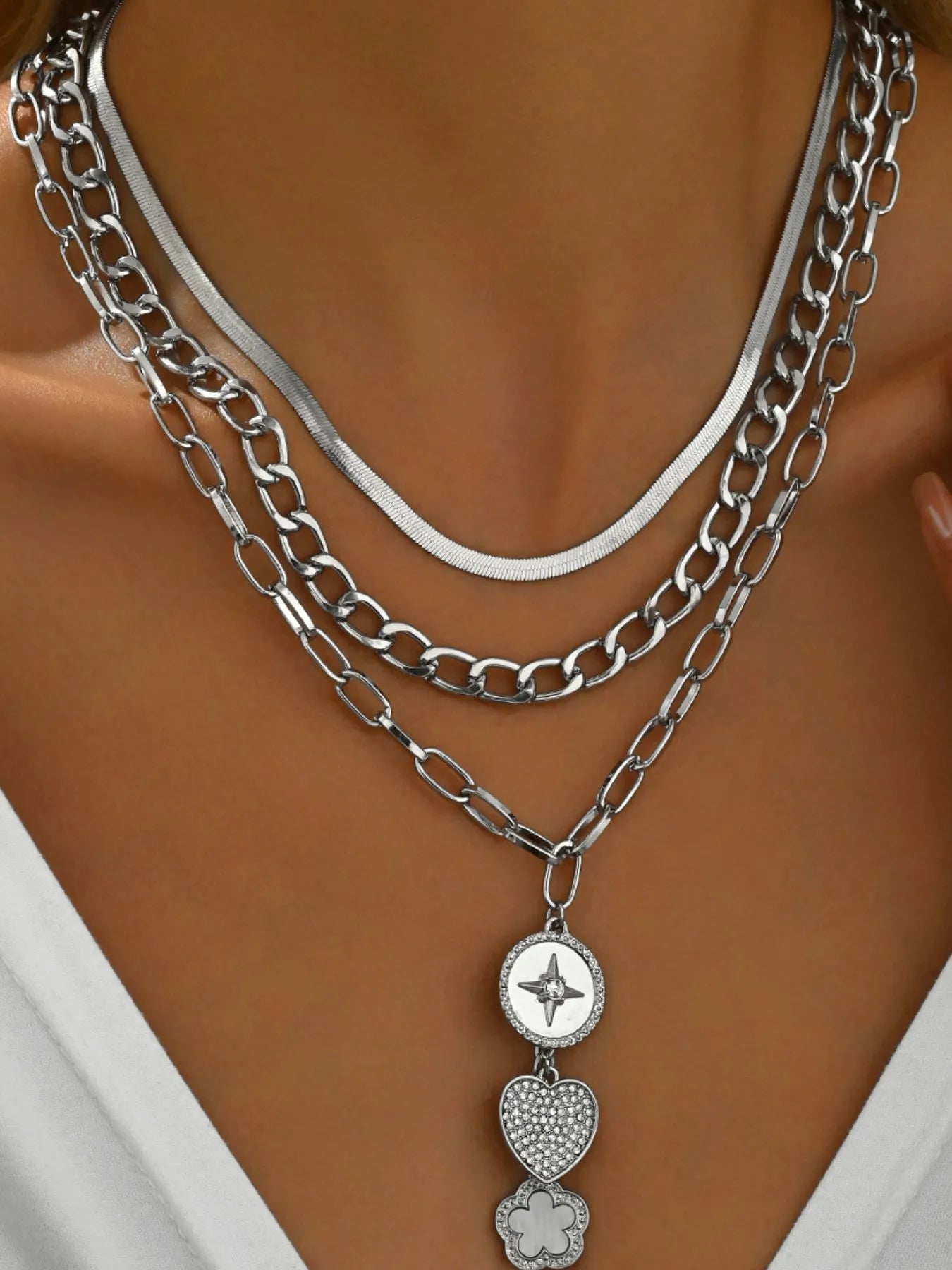 Stainless Steel Layered Necklace Silver One Size