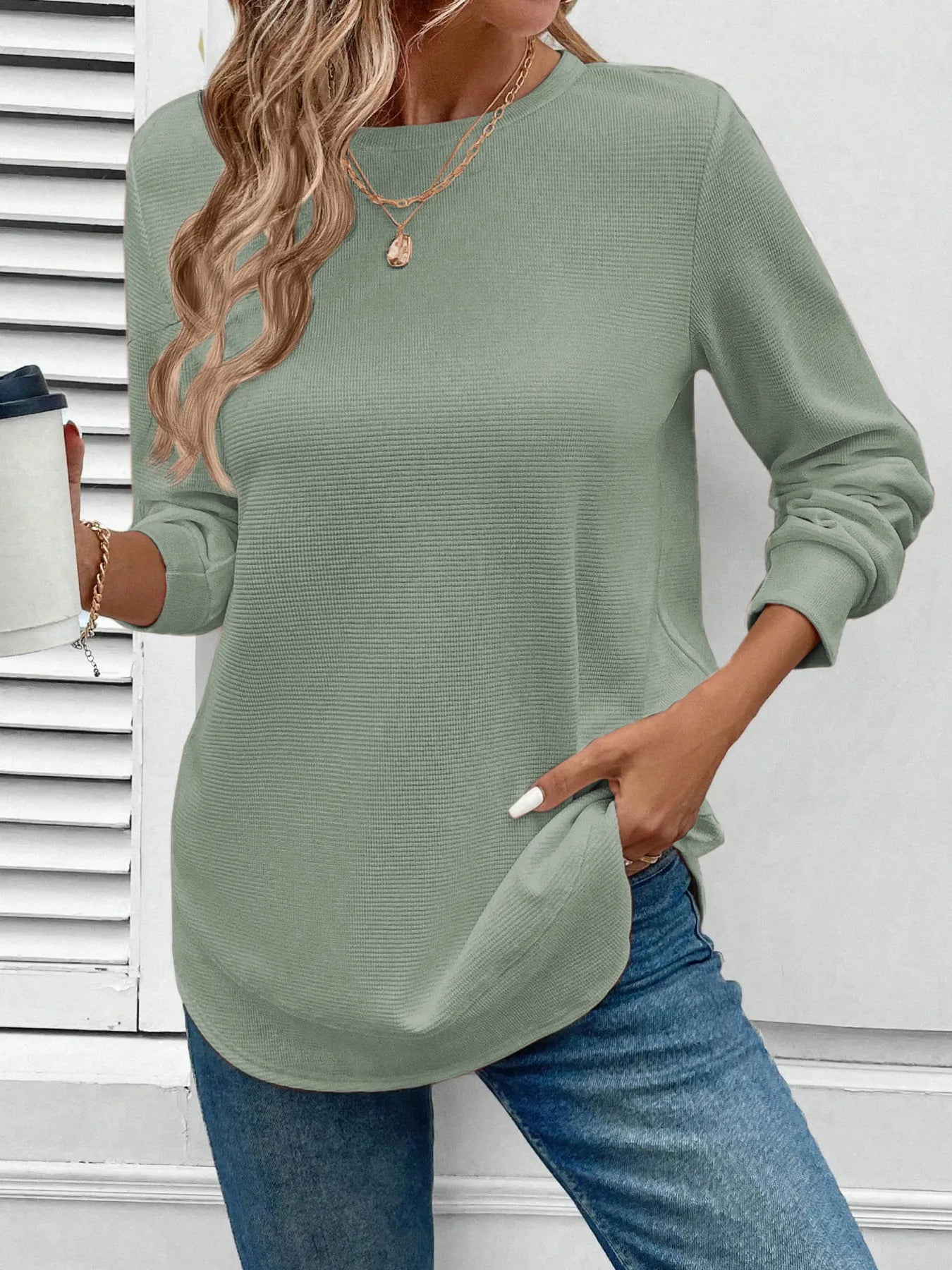 Round Neck Long Sleeve Casual Sweatshirt Bean Green