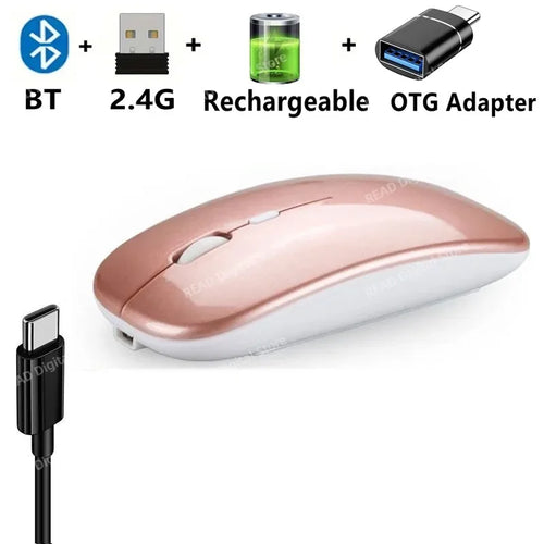 Wireless Mouse Bluetooth-Compatible Gaming Mouse (Dual Mode:BT+2.4Ghz) Rose with OTG