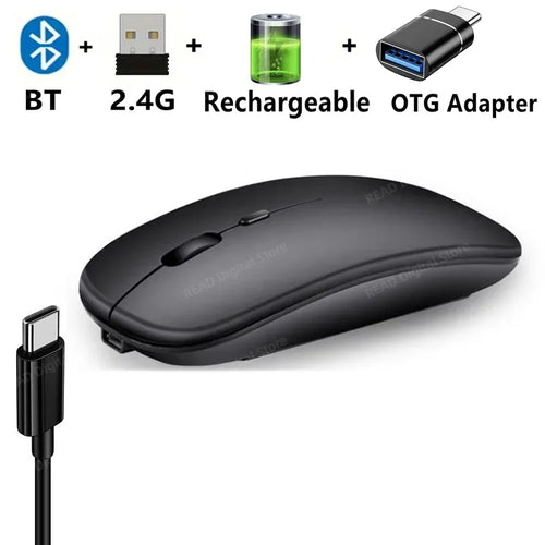 Wireless Mouse Bluetooth-Compatible Gaming Mouse (Dual Mode:BT+2.4Ghz) Black with OTG