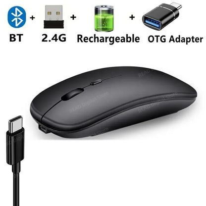 Wireless Mouse Bluetooth-Compatible Gaming Mouse (Dual Mode:BT+2.4Ghz) Black with OTG