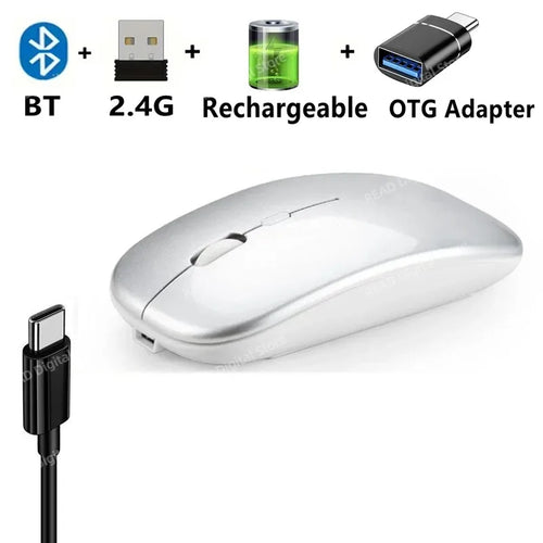 Wireless Mouse Bluetooth-Compatible Gaming Mouse (Dual Mode:BT+2.4Ghz) Sliver with OTG