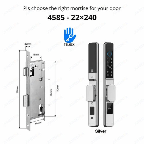 Waterproof Sliding Door Smart Lock TTLock App Alexa Fingerprint Silver4585-Short