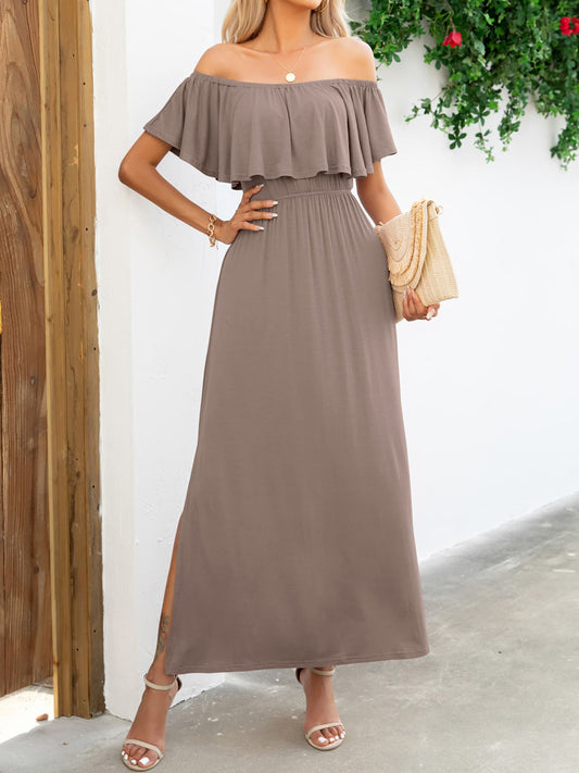 Off-Shoulder Slit Maxi Dress Camel