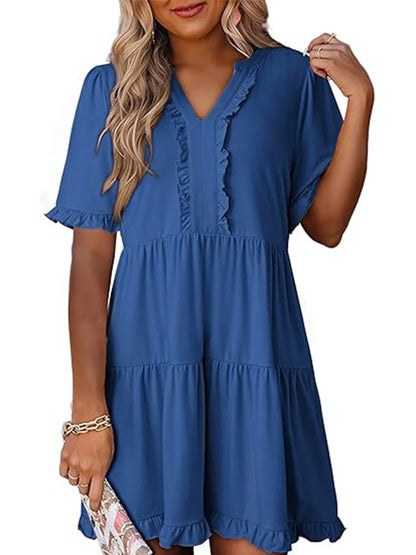 Tiered Notched Short Sleeve Mini Dress Royal Blue