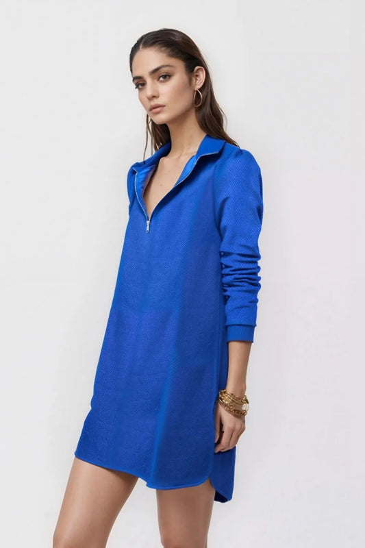 Double Take Textured Quarter Zip Long Sleeve Dress Blue