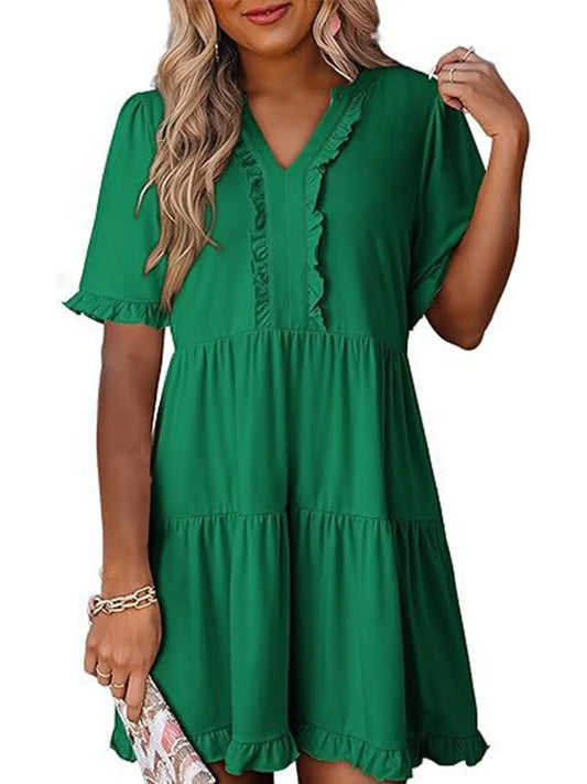 Tiered Notched Short Sleeve Mini Dress Dark Green